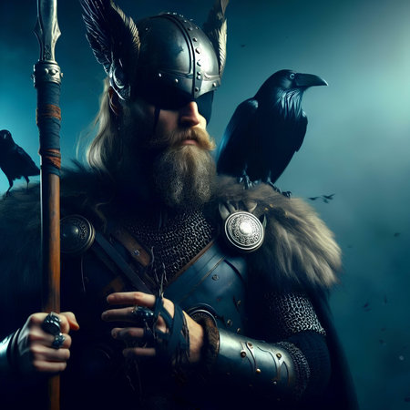 Portrait of a medieval warrior with a beard and a chain mail in armorの素材