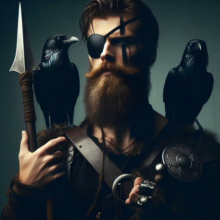 Portrait of a viking warrior with a long beard and a mustache in a helmet and glasses holding two viking swords.の素材
