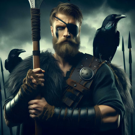 Portrait of a viking warrior with a spear and a crowの素材