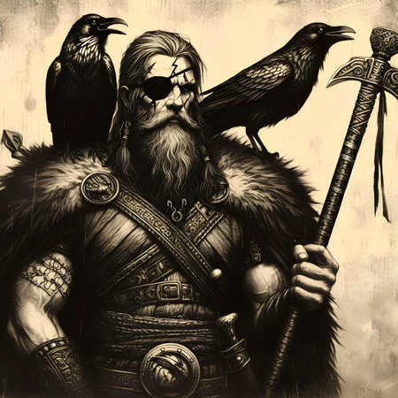 Viking warrior with a spear and a crow on a grunge backgroundの素材