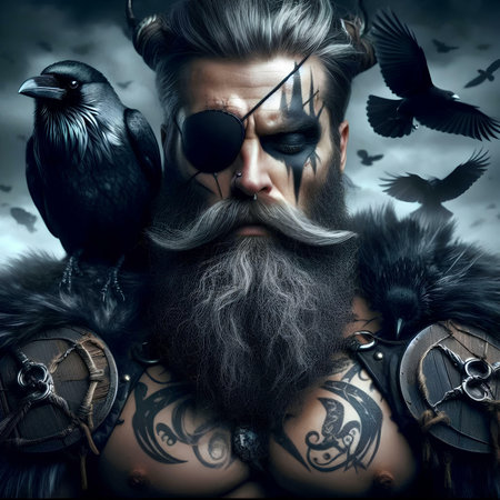 close-up portrait of a fantasy warrior with a long beard, mustache and hair braided in pigtails, wearing glasses and a leather belt, with a black ravenの素材