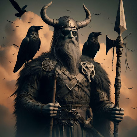 Fantasy portrait of a viking warrior with horned animals.の素材