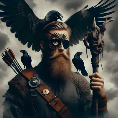 Viking warrior with ravens on the background of cloudy sky.の素材