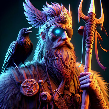 Viking warrior with a spear and horned birds. 3d renderingの素材