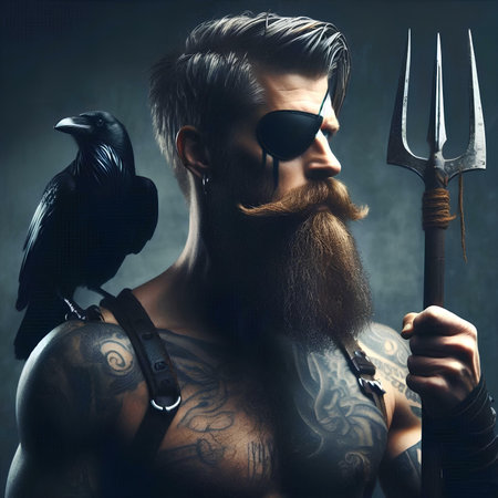 Portrait of a brutal man with a long beard, mustache and tattooed arms holding a pitchfork and a raven on a dark backgroundの素材