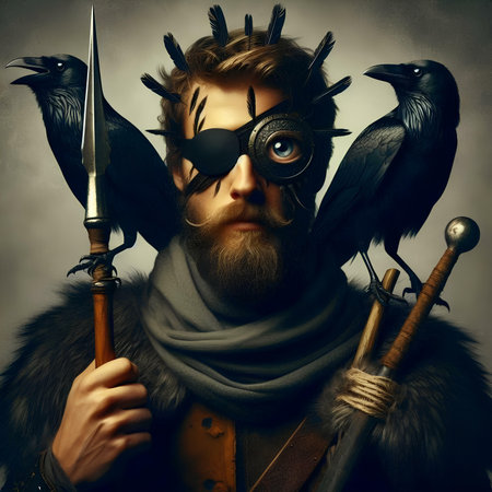 Portrait of a viking warrior with two ravens on his head.の素材