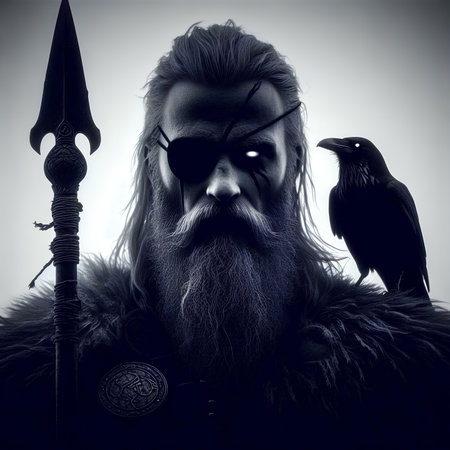 close-up portrait of a viking with a long beard, mustache and mustache in a fur coat and sunglasses with a sword and a raven on a gray backgroundの素材