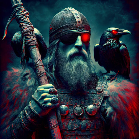 Portrait of a viking warrior with horned birds. Fantasy.の素材