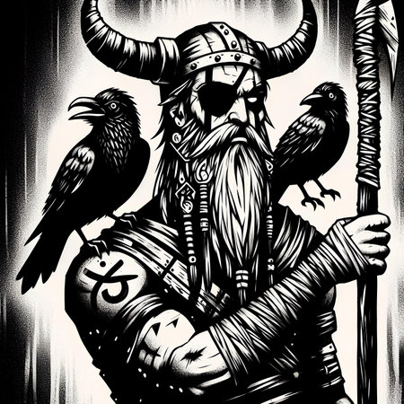 Viking warrior with ravens. Black and white vector illustration.の素材