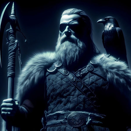 Viking warrior with a long beard and mustache in armor with two ravensの素材