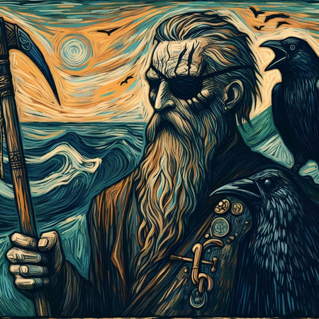 Viking warrior in the night sky. Vector hand drawn illustration.の素材