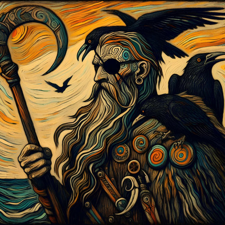 Viking man with ravens on the background of the moon.の素材