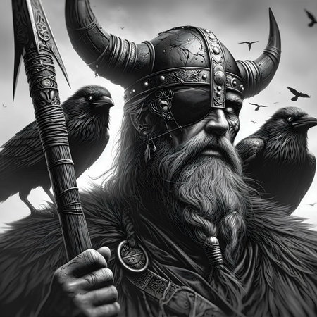 Viking warrior with horned viking and crows. black and whiteの素材