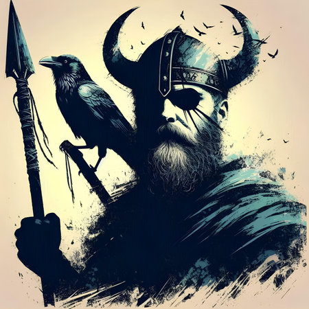 Viking warrior with a spear and a raven. Vector illustration.の素材