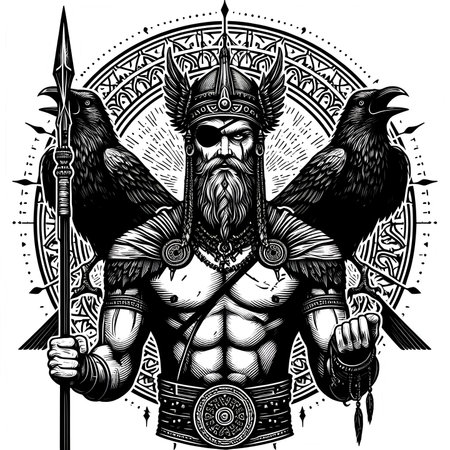 Viking warrior with horned birds. Vector illustration for your designの素材