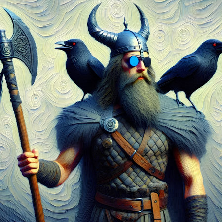 Fantasy illustration of a viking warrior with two ravens.の素材