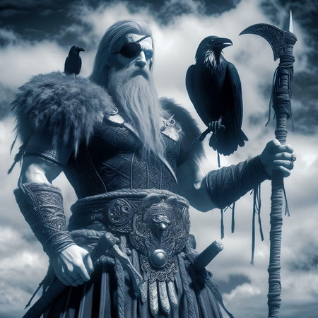 Fantasy image of a viking warrior with horned birds.の素材