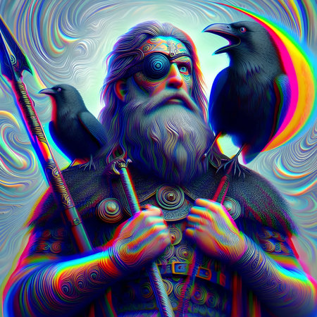 Viking warrior with crows on the background of the rainbow.の素材