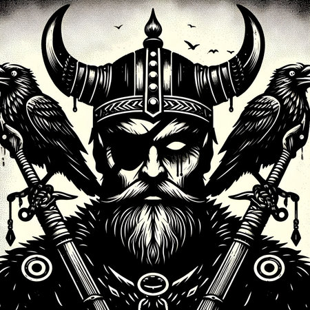 Viking warrior with horned viking and crows. Vector illustration.の素材