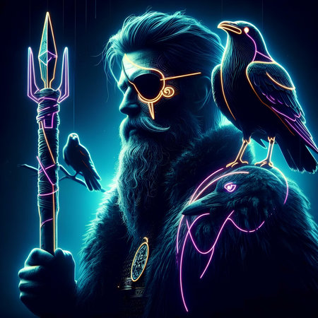 Portrait of a man with a spear and a bird. Fantasy illustration.の素材