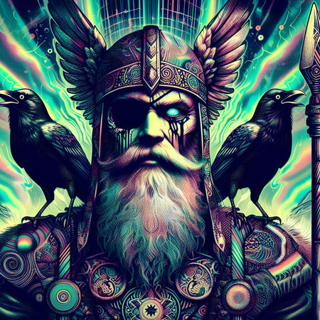 Viking warrior with ravens on his head. Colorful background.の素材