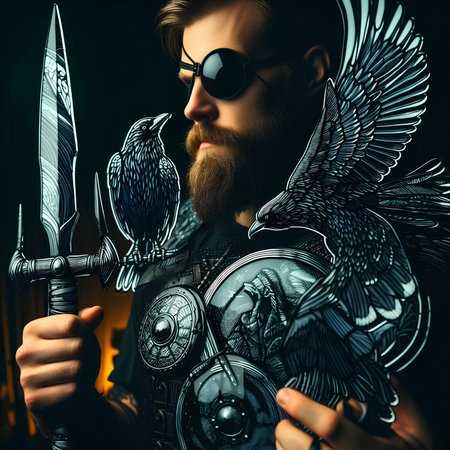 Portrait of a bearded medieval knight with a sword and shield.の素材