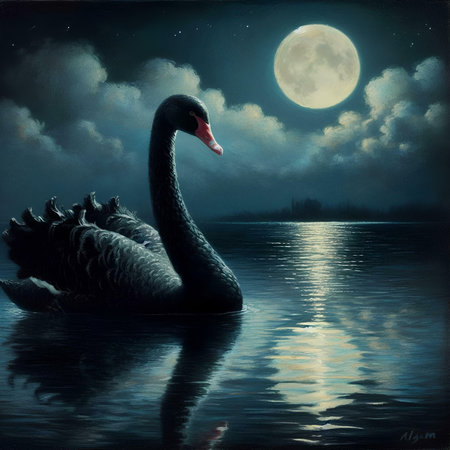 Black swan on the lake at night with full moon. Digital painting.の素材