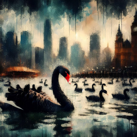 Black swans and ducks on the lake. Digital painting effect.の素材