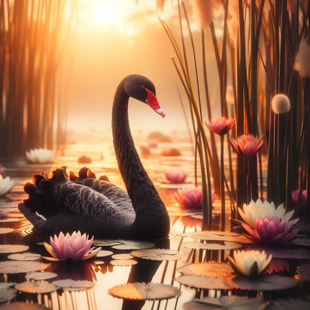 Black swan floating on the water with lotus flower background.の素材