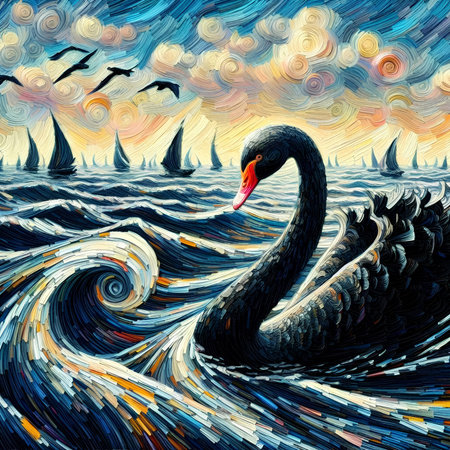 Digital painting of a black swan in the sea. Abstract background.の素材
