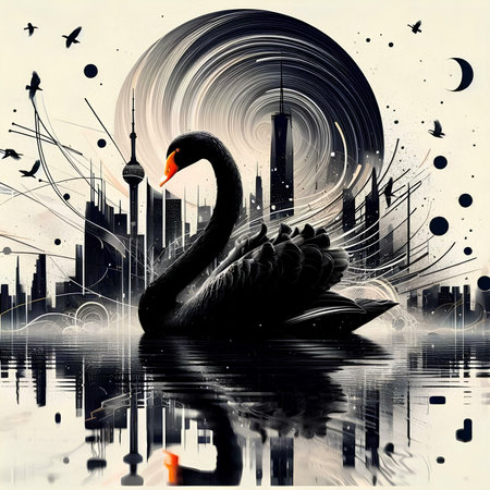 Swan on the background of the night city. Vector illustration.の素材