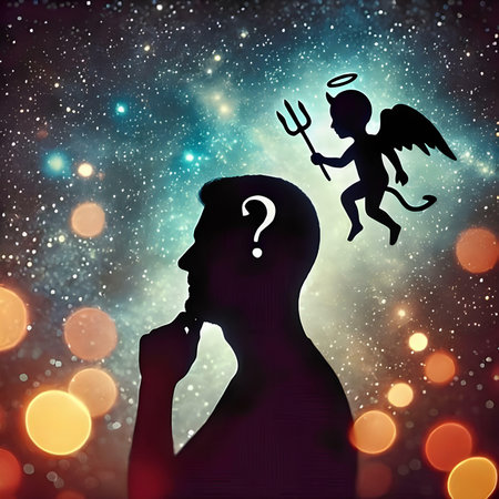 Silhouette of a man with a child on his head and a question markの素材