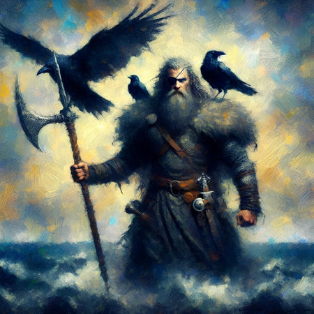 Digital painting of a viking warrior with a spear and a crowの素材