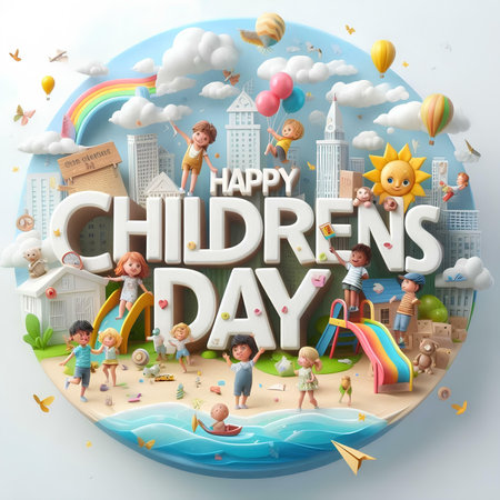 Happy children's day greeting card with kids playing on the beach.の素材