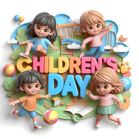 Happy childrens day with kids playing in the park - 3d illustrationの素材