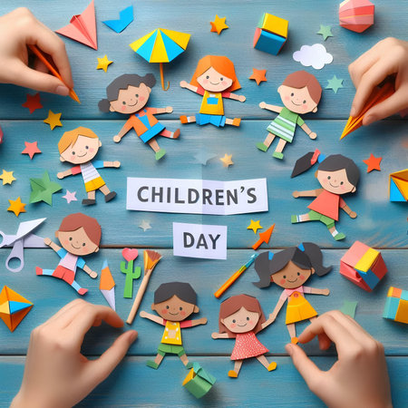Children's day concept. Paper cutout of children on blue wooden backgroundの素材