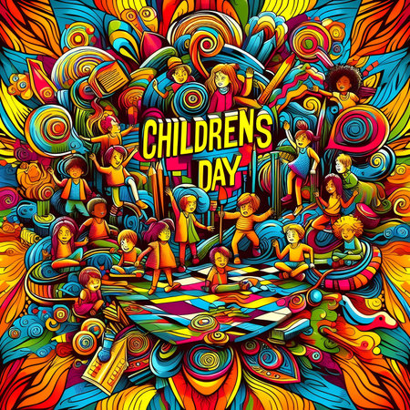 Cartoon colorful doodles hand drawn Happy Children's Day illustrationの素材