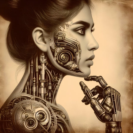 3D rendering of a female robot with gears in her hands.の素材