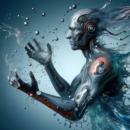 Cyborg woman with water splashes. 3d render illustration.の素材