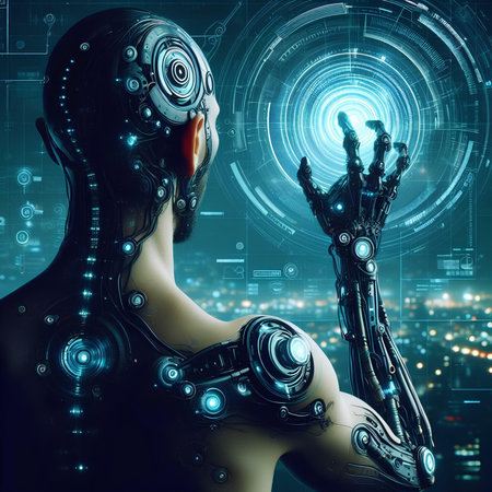 3d rendering female cyborg or robot working with virtual screen backgroundの素材