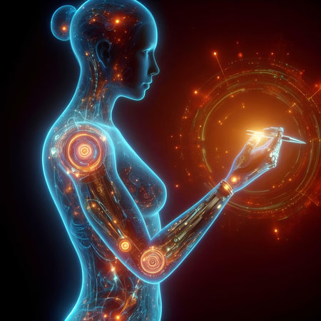 3d rendering of a female cyborg holding a tablet with a futuristic interfaceの素材