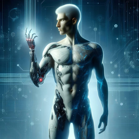 3d rendering of a male cyborg with circuit board and human handの素材