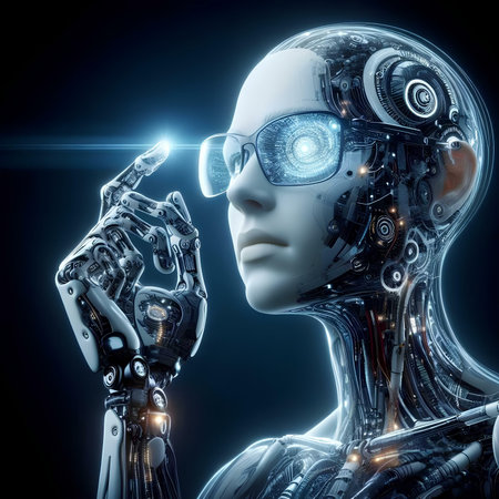 3d rendering of female cyborg touching virtual interface on black backgroundの素材