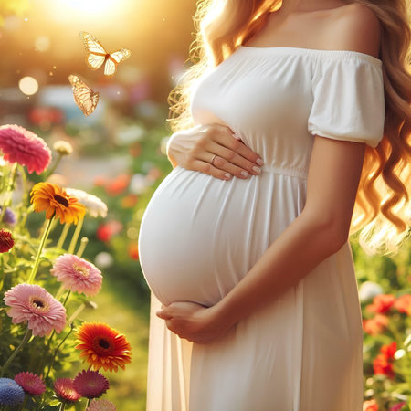 Pregnant woman in white dress with butterflies in the garden.の素材