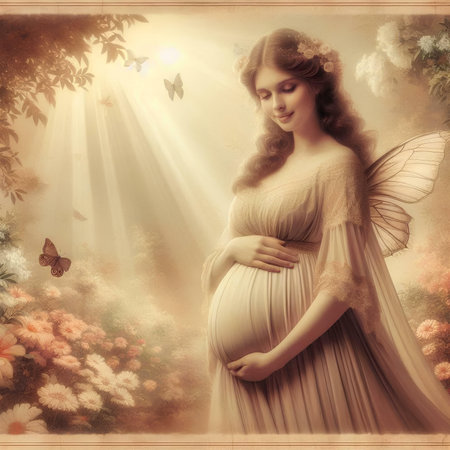 Beautiful pregnant woman with wings and flowers in the garden. Vintage style.の素材