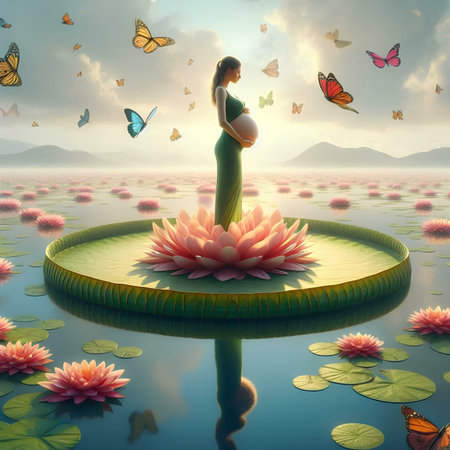 Pregnant woman sitting on lotus flower and butterflies flying aroundの素材