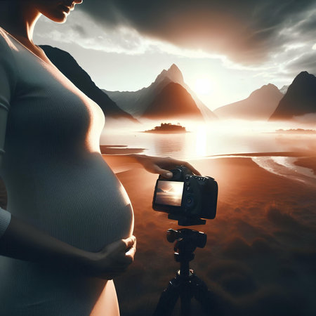 Pregnant woman taking photos of beautiful landscape at sunset. 3D renderingの素材