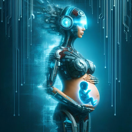 Pregnant woman and futuristic cyborg concept. 3D renderingの素材
