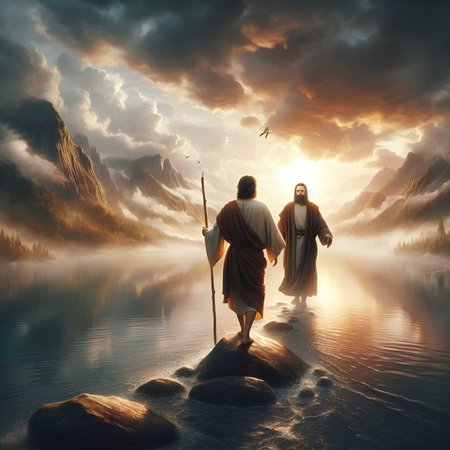 Medieval warrior with spear and shield in the mountain lake at sunsetの素材