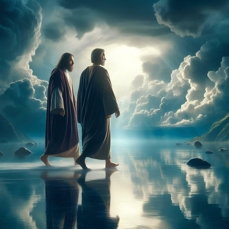 Jesus Christ and Mary in the sky with clouds reflected in the waterの素材